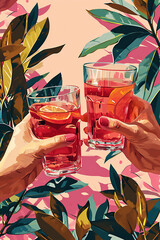 Two hands holding glasses of pink cocktail against tropical leaves in a vintage style.