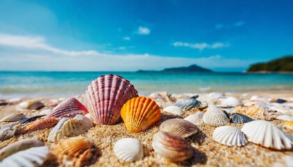 colorful shells on sand beach close up summer celebration concept generative ai