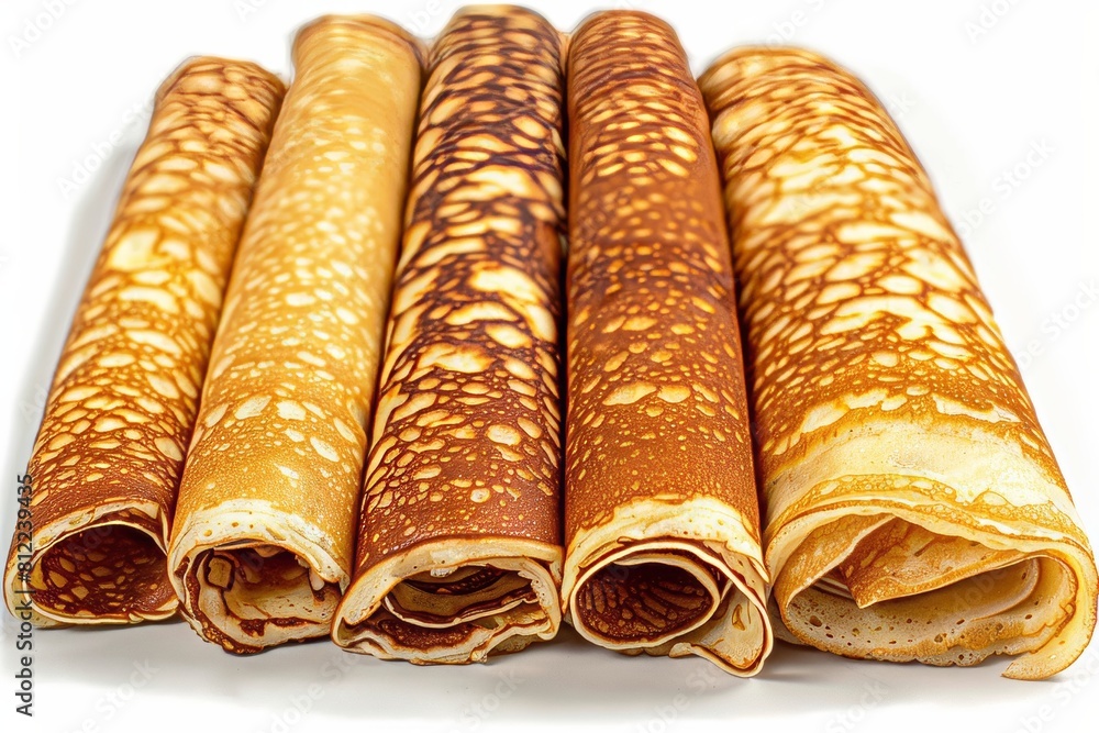 Poster rolled pancakes on light background, top view with ample space for text placement