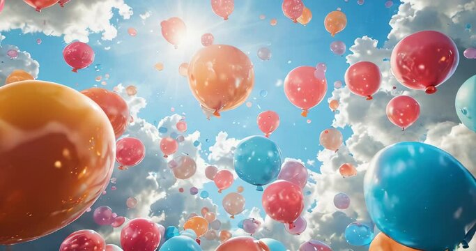 Colorful balloons float in a whimsical 3D dreamy sky, creating a light, playful background. 3d background abstract
