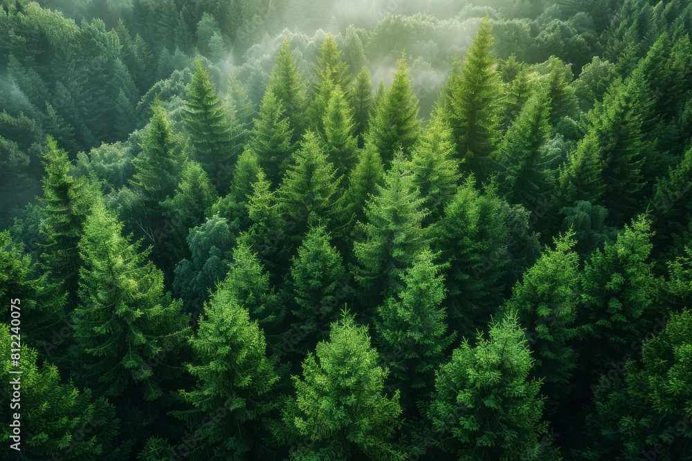 Poster aerial view of a dense evergreen forest with morning mist adding a mystical atmosphere