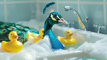 Peacock in a Bubble Bath with Rubber Ducks