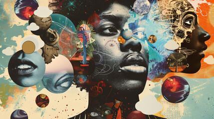 Abstract Faces and Cosmic Elements Collage