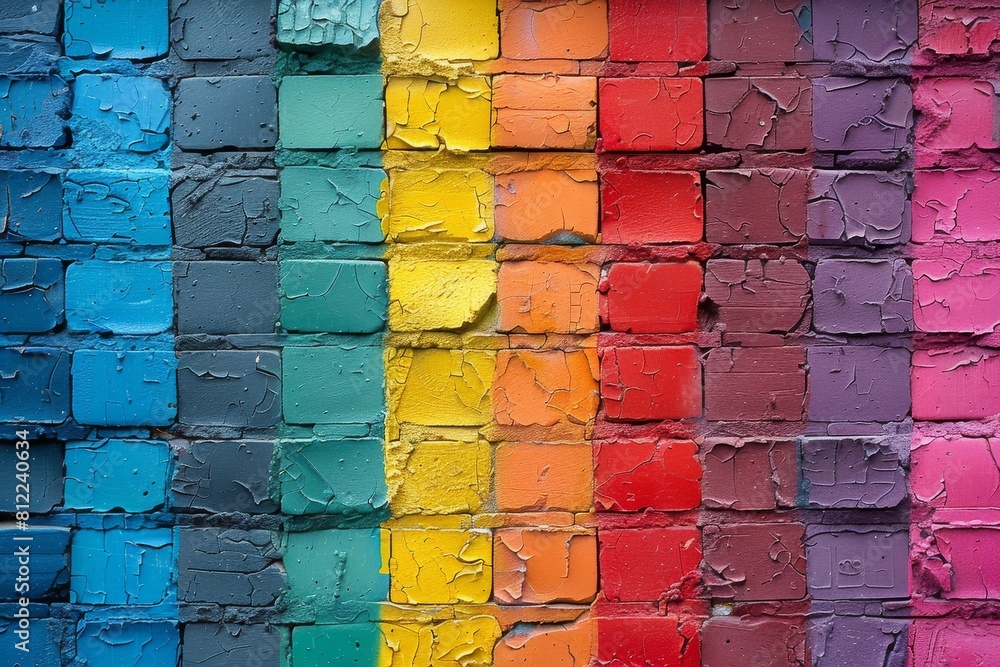 Poster painted bricks with a range of colors merge to create a textured, multicolored wall
