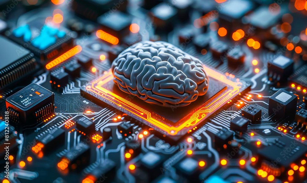 Aufkleber advanced ai brain microprocessor: futuristic electronic circuit board with neural network computatio