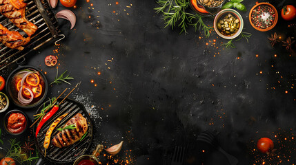 Banner featuring grilled barbecue delicacies, captured from an aerial perspective against a dark background. Ample space provided for text.