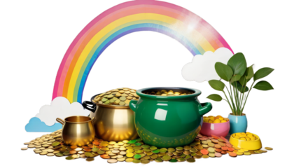 pot end gold rainbow a luck lucky patrick coin irish holiday celebration money ireland treasure celtic culture symbol success fortune traditional wealth magic cauldron concept object march spring
