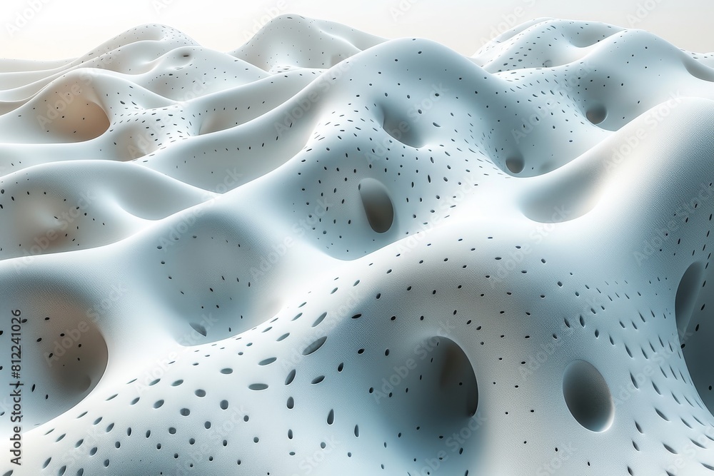 Poster an artistic digital rendering of an undulating abstract landscape with a white palette and dotted te