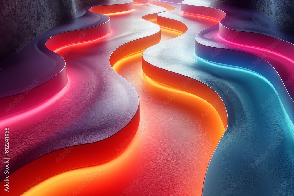 Poster this image features contrasting warm and cool tones in a 3d abstract path conveying a journey throug