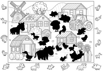 cartoon scene with farm ranch village buildings windmill barn chicken coop animals cow horse chickens dog cat and tractor sketch drawing illustration for children