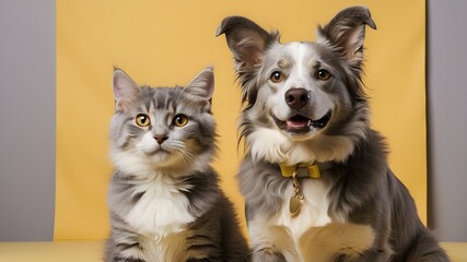 On a yellow backdrop, a happy-looking border collie dog and a grey-striped tabby cat