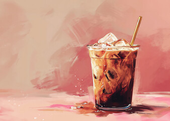 Cold summer iced coffee with milk in tall glass with golden straw on pastel pink and peach background. Cafe menu concept or drinks design project.