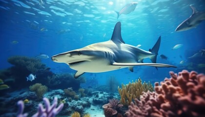 Naklejka premium The great White Shark in the ocean, portrait of White shark hunting prey in the underwater