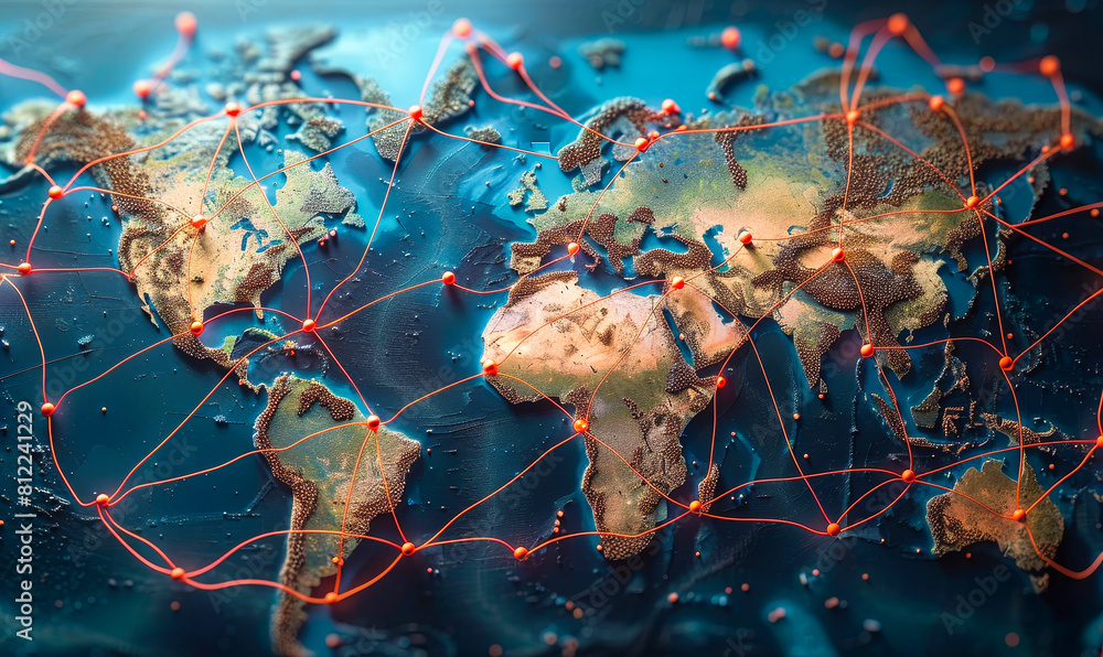 Poster global connectivity concept: interlinked world map illustrating international networks, trade routes