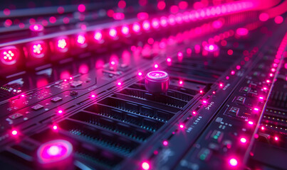 Glowing Pink Circuit Board Closeup - Illuminated Microchips and Data Cables in Computer Server or Mainframe Symbolizing Digital Technology, Information Processing, and Data Transfer