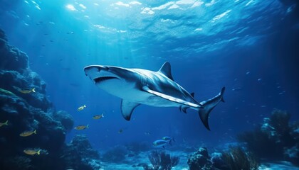 The great White Shark in the ocean, portrait of White shark hunting prey in the underwater