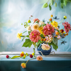 A bunch of yellow and red dahlias with leaves in a blue vase, placed on a blue background.