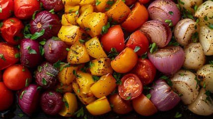 A colorful array of roasted vegetables straight from the oven, glistening with olive oil