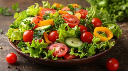 A colorful salad bursting with cherry tomatoes, bell peppers, cucumbers, and mixed greens