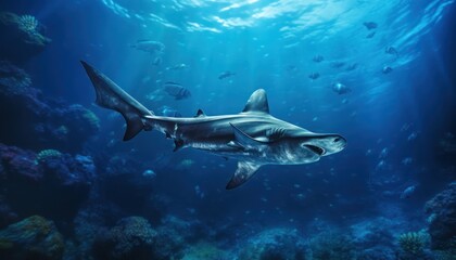 Fototapeta premium Great White Shark in the ocean, portrait of White shark hunting prey in the underwater