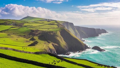 fantastic typical irish landscape with green hills and cliffs by the sea st patrick s day celebration march landscape concept generative ai - Powered by Adobe