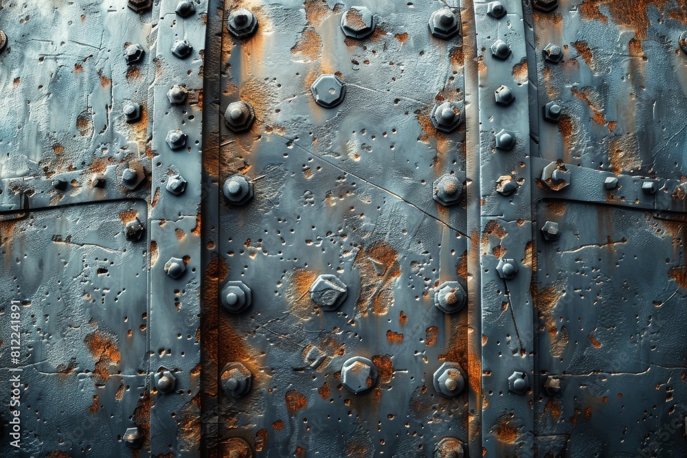 Poster the image depicts the detailed texture of an aged iron surface with rust and riveted joints