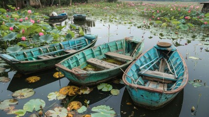 Fototapeta premium Traditional boats in a lotus pond in the Mekong delta