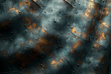 This image captures the rugged beauty of a rustic metal surface with golden hues adding warmth to...