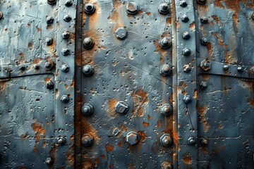 The image depicts the detailed texture of an aged iron surface with rust and riveted joints