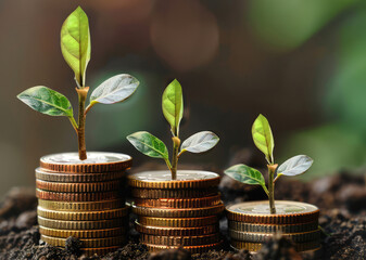 A pile of coins, and green plants expanding. Success with investments and the idea of ​​saving	
