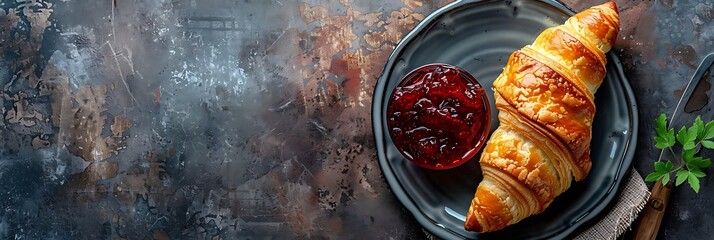 Croissant with jam, top view horizontal food banner with copy space