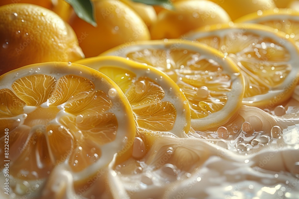 Poster bright yellow lemon slices submerged in water with bubbles creating a refreshing and vibrant appeara
