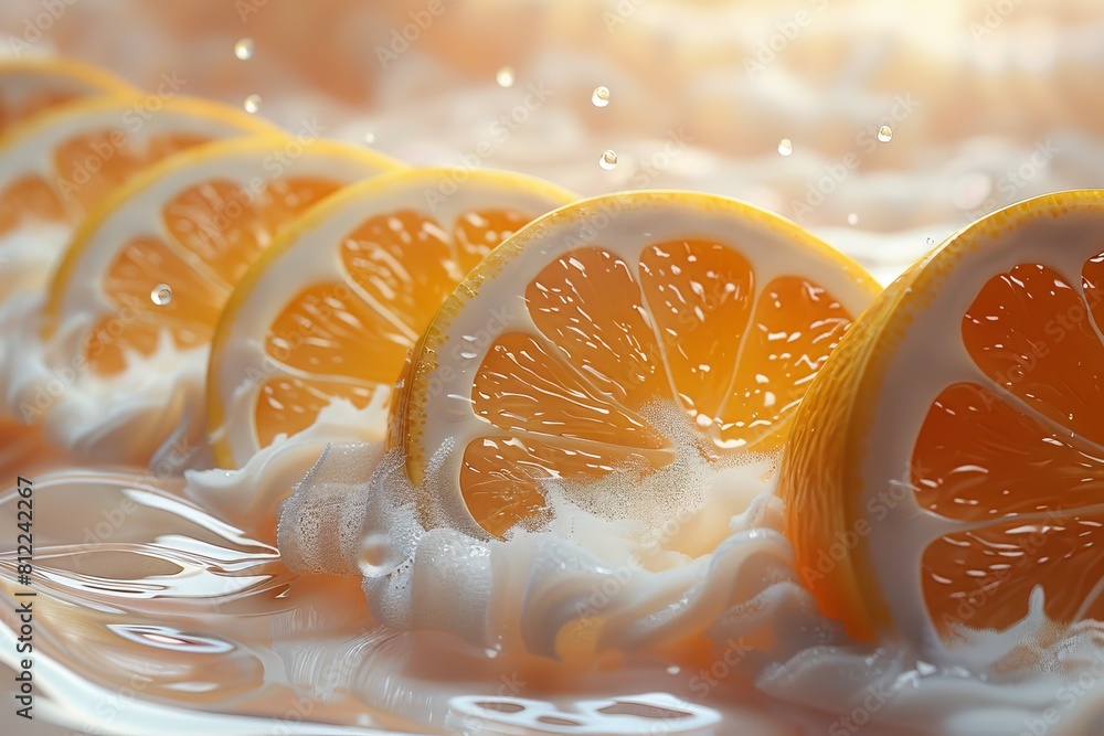 Poster sunlit lemon slices half-submerged in rippling water, with droplets and foam adding dynamic movement