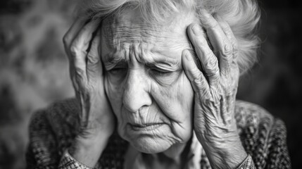 An elderly woman is experiencing discomfort as she cradles her head