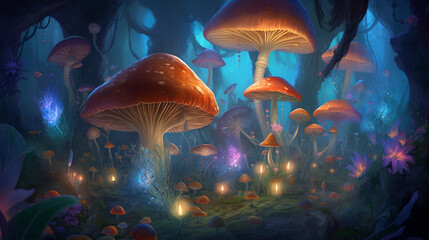 A whimsical enchanted garden filled with whimsical creatures, towering mushrooms, and glowing fireflies, the air alive with magic, inviting viewers into a world of wonder and imagination, Detailed ill