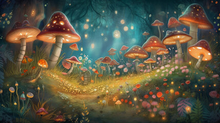 A whimsical enchanted garden filled with whimsical creatures, towering mushrooms, and glowing fireflies, the air alive with magic, inviting viewers into a world of wonder and imagination, Detailed ill