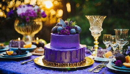 purple cake on a table decorated for a party celebration
