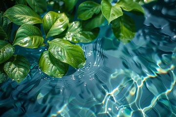 Vibrant green leaves with noticeable veins floating on water surface displaying beautiful light patterns and ripples