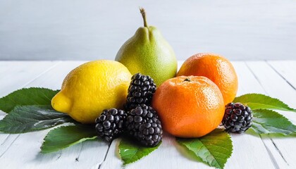 a bunch of fruit and leaves on a white background with oranges lemons and blackberries generative ai