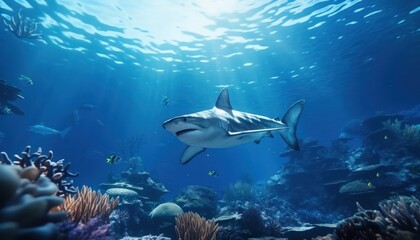 Fototapeta premium Great White Shark in the ocean, portrait of White shark hunting prey in the underwater
