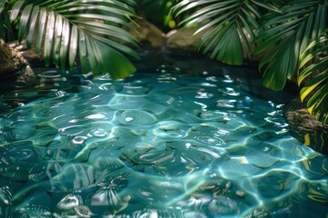 Lush tropical foliage casting shadows and reflecting on the sunlit rippled water surface creating a serene mood