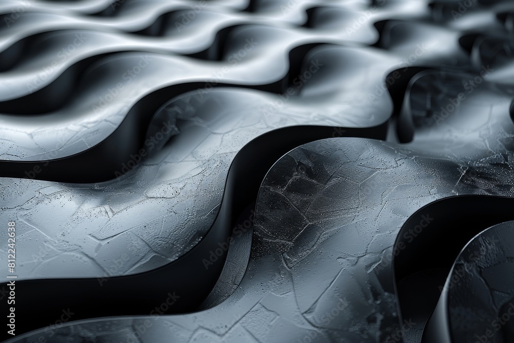 Poster this striking image features a deep black 3d texture that mimics undulating waves, invoking a sense 
