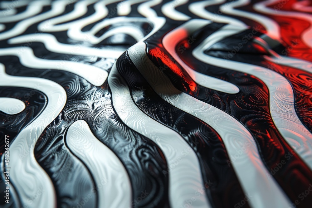 Poster close-up view of a 3d render with red and black waves creating a sense of movement and fluidity
