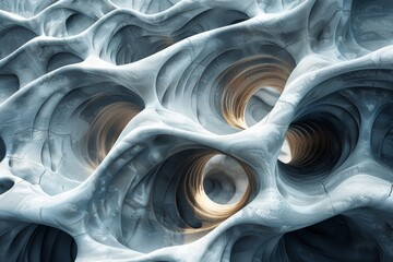 A captivating abstract 3D rendering with natural elements and futuristic design featuring white...