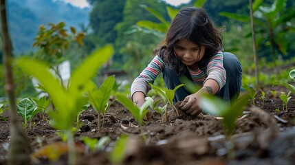 Seeding the Future: A Child Plants a Tree, Bringing Hope to a Deforested Landscape (Reforestation & Individual Action) - obrazy, fototapety, plakaty