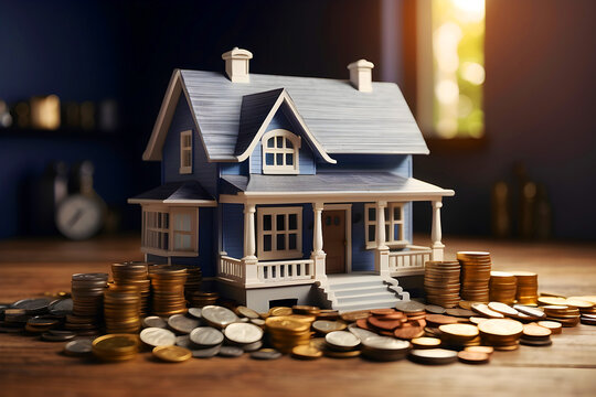 A real estate investment is a house bank next to a collection of coins and house property.