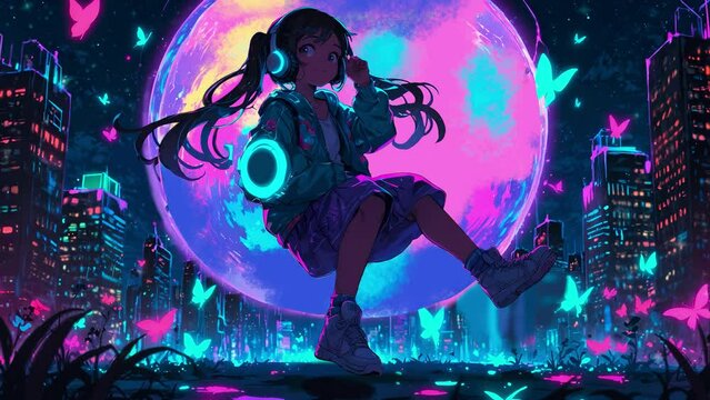 Female play dj and music in the city night with colorful moonlight.
