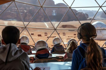 Group of young people with helmets studying Mars landscape in futuristic habitat dome. - obrazy, fototapety, plakaty