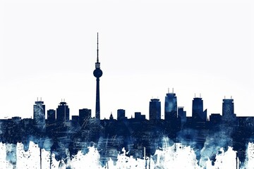 Stylized blue ink skyline of Berlin, iconic tower, urban silhouette with artistic splatter