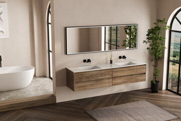 Beige bathroom interior with white basin and mirror, parquet floor, bathtub, plants. Bathing accessories and window in hotel studio.